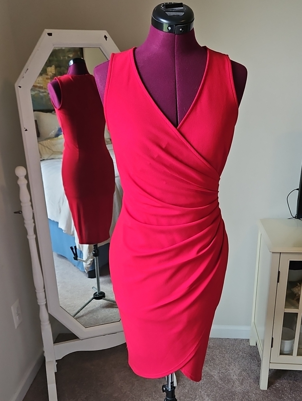 Sleeveless Red Wrap-Front Sheath Dress